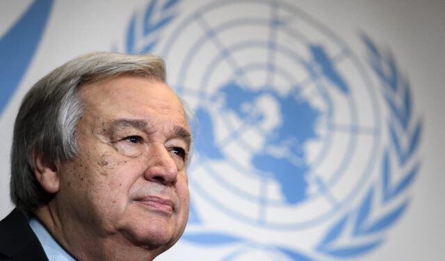 (FILES) In this file photo taken on May 24, 2018, UN Secretary-General Antonio Guterres attends a press briefing after presenting his agenda for disarmament during a conferrence at the University of Geneva. - UN Secretary General Antonio Guterres said August 22, 2019 he was "deeply concerned" by wildfires that have devoured large sections of the Amazon rainforest, blanketing several Brazilian cities in thick smoke. "I'm deeply concerned by the fires in the Amazon rainforest. In the midst of the global climate crisis, we cannot afford more damage to a major source of oxygen and biodiversity," he said on Twitter. (Photo by Fabrice COFFRINI / AFP)