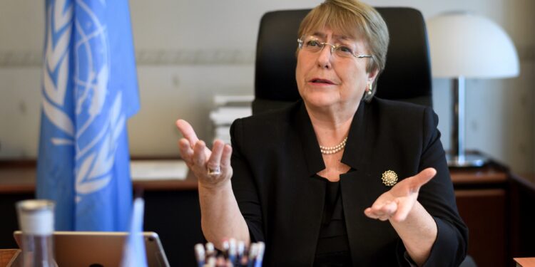 Former Chilean president Michelle Bachelet speaks from her office at the Palais Wilson on her first day as new United Nations (UN) High Commissioner for Human Rights in Geneva, Switzerland, September 3, 2018.  Fabrice Coffrini/Pool via REUTERS