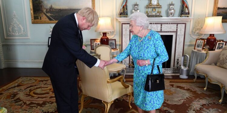 Britain's Queen Elizabeth II welcomes newly elected leader of the Conservative party, Boris Johnson during an audience in Buckingham Palace, London ON jULY 24, 2019, where she invited him to become Prime Minister and form a new government. - Theresa May is set to formally resign on July 24 after taking her final PMQs in the House of Commons with Boris Johnson taking charge at 10 Downing Street on a mission to deliver Brexit by October 31 with or without a deal. (Photo by Victoria Jones / POOL / AFP)        (Photo credit should read VICTORIA JONES/AFP/Getty Images)