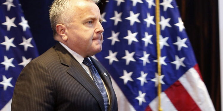 U.S. Acting Secretary of State John Sullivan arrives for a press conference in Lima, Peru, Friday, April 13, 2018. Lima is playing host to the Americas Summit which starts today. (AP Photo/Karel Navarro)