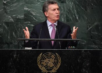 Argentina's President Mauricio Macri addresses the 71st session of the United Nations General Assembly at the UN headquarters in New York on September 20, 2016.  / AFP PHOTO / Jewel SAMAD