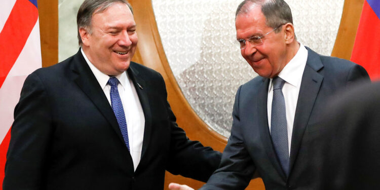 Russian Foreign Minister Sergey Lavrov welcomes U.S. Secretary of State Mike Pompeo for the talks in the Black Sea resort city of Sochi, Russia, May 14, 2019. Pavel Golovkin/Pool via REUTERS