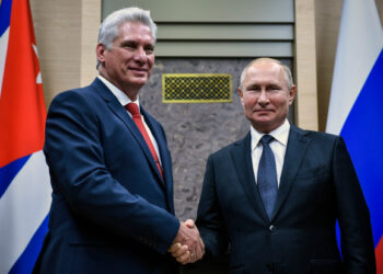 Russian President Vladimir Putin meets with his Cuban counterpart Miguel Diaz-Canel at the Novo-Ogaryovo state residence outside Moscow on October 29, 2019. (Photo by Alexander NEMENOV / POOL / AFP)