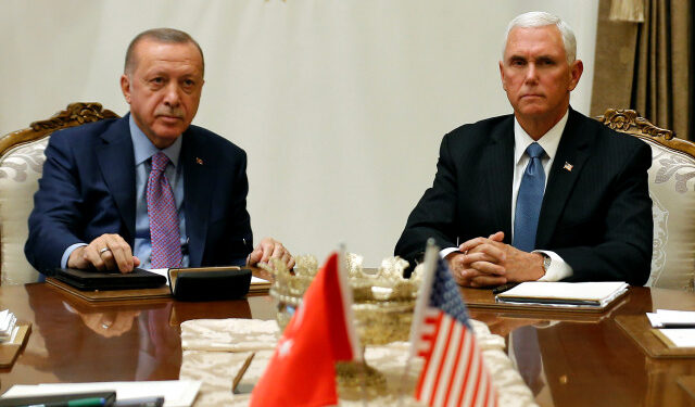 U.S. Vice President Mike Pence and Secretary meets with Turkish President Tayyip Erdogan at the Presidential Palace in Ankara, Turkey, October 17, 2019. REUTERS/Huseyin Aldemir