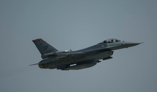 An F-16 Fighting Falcon assigned to the 480th Expeditionary Fighter Squadron takes off during Aviation Rotation 19-2 at Krzesiny Air Base, Poland, June 11, 2019. This exercise focuses on maintaining joint readiness while building interoperability capabilities. Through strengthened relationships and engagements with our Allies, the United States and NATO demonstrate their shared commitment to a peaceful, stable and secure Europe. (U.S. Air Force photo by Staff Sgt. Jonathan Snyder)