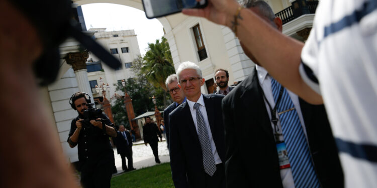 U.N. Under-Secretary-General for Humanitarian Affairs and Emergency Relief Coordinator Mark Lowcock, arrives for a meeting with Venezuelan opposition leader Juan Guaido, who many nations have recognised as the country's rightful interim ruler, at the Venezuela National Assembly building in Caracas, Venezuela November 5, 2019. REUTERS/Manaure Quintero