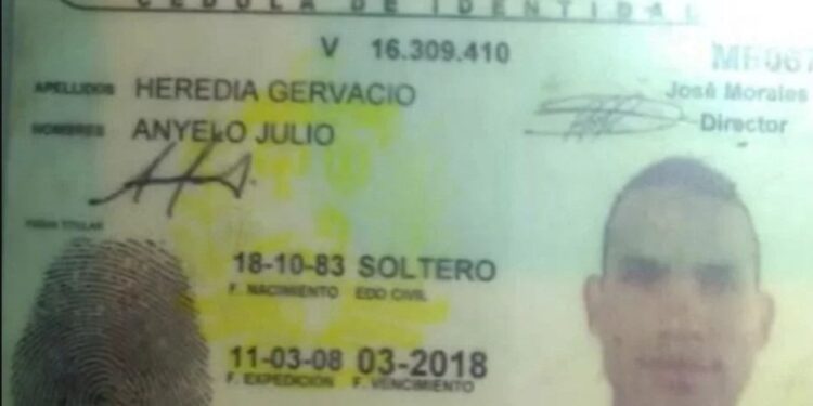 Cédula de identidad del capitán Anyelo Julio Heredia Gervacio. Foto de archivo.