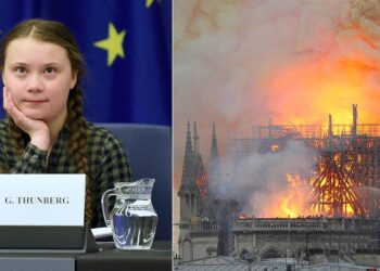 Greta Thunberg y la catedral de Notre Dame. Foto de archivo.