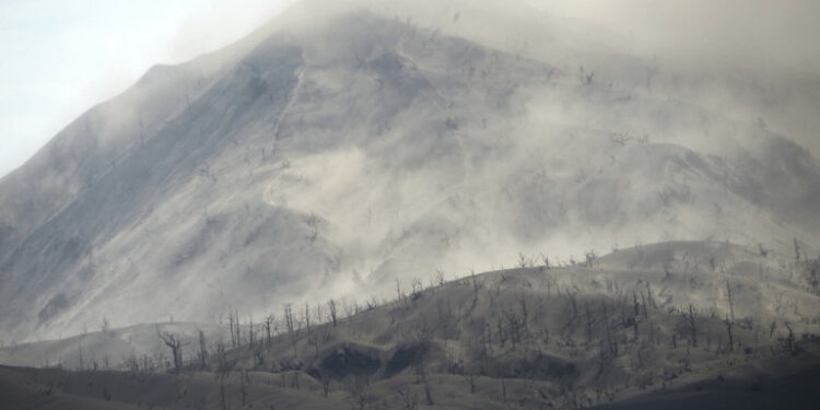 White steam from the Taal volcano is seen as wind blows with the mountain covered in mud and ash due to the volcano's eruption, in Laurel in Batangas province on January 16, 2020. - The threat of the Philippines' Taal volcano unleashing a potentially catastrophic eruption remains high, authorities warned on January 16, saying it was showing dangerous signs despite a "lull" in spewing ash. (Photo by Ted ALJIBE / AFP)