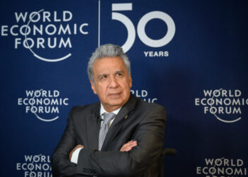 Ecuador's President Lenin Moreno answers during an interview with AFP at the World Economic Forum in Davos, on January 20, 2020. (Photo by Fabrice COFFRINI / AFP)