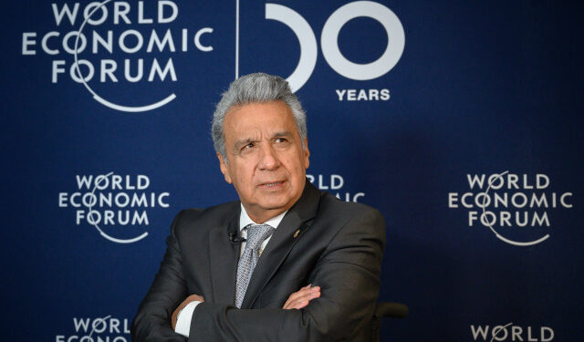 Ecuador's President Lenin Moreno answers during an interview with AFP at the World Economic Forum in Davos, on January 20, 2020. (Photo by Fabrice COFFRINI / AFP)