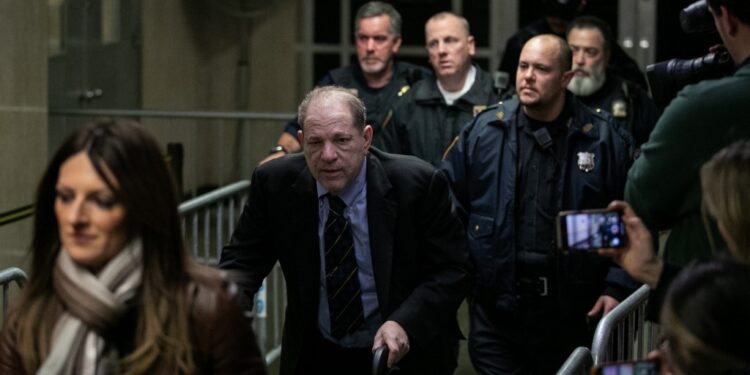 NEW YORK, NY - JANUARY 24:Harvey Weinstein leaves with his lawyer Donna Rotunno at New York City Criminal Court for the continuation of his trial on January 24, 2020 in New York City. Weinstein, a movie producer whose alleged sexual misconduct helped spark the #MeToo movement, pleaded not-guilty on five counts of rape and sexual assault against two unnamed women and faces a possible life sentence in prison.   Jeenah Moon/Getty Images/AFP