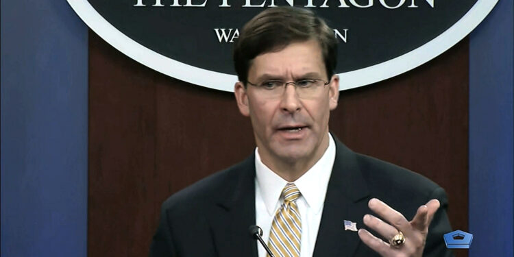 In this image from video, Secretary of Defense Mark Esper talks to the press on Iran and Iraq, Tuesday, Jan. 7, 2020, at the Pentagon in Washington. (divids via AP)