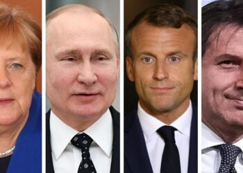 Canciller alemana, Angela Merkel, presidente ruso, Vladímir Putin, homólogo francés, Emmanuel Macron, y primer ministro de Italia, Giuseppe Conte. Foto collage