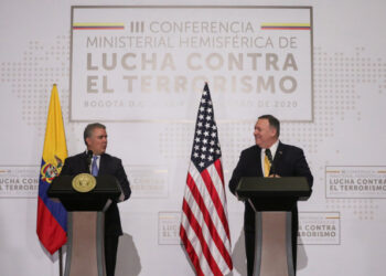 U.S. Secretary of State Mike Pompeo and Colombia's President Ivan Duque look on as they attend the III Hemispheric Anti-Terrorism Ministerial Conference at the Francisco de Paula Santander General Police Cadet School, in Bogota, Colombia January 20, 2020. REUTERS/Luisa Gonzalez