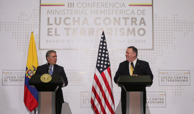 U.S. Secretary of State Mike Pompeo and Colombia's President Ivan Duque look on as they attend the III Hemispheric Anti-Terrorism Ministerial Conference at the Francisco de Paula Santander General Police Cadet School, in Bogota, Colombia January 20, 2020. REUTERS/Luisa Gonzalez