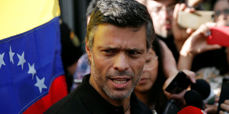 Venezuelan opposition leader Leopoldo Lopez talks to the media at the residence of the Spanish ambassador in Caracas, Venezuela May 2, 2019. REUTERS/Manaure Quintero NO RESALES. NO ARCHIVES