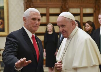 Pope Francis meets with US Vice President Mike Pence, left, on the occasion of their private audience, at the Vatican, Friday, Jan. 24, 2020. Pence told Pope Francis, “You made me a hero" back home by granting him a private audience at the Vatican on Friday.  (Alessandro Di Meo/Pool Photo via AP)