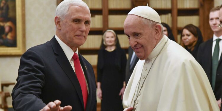 Pope Francis meets with US Vice President Mike Pence, left, on the occasion of their private audience, at the Vatican, Friday, Jan. 24, 2020. Pence told Pope Francis, “You made me a hero" back home by granting him a private audience at the Vatican on Friday.  (Alessandro Di Meo/Pool Photo via AP)