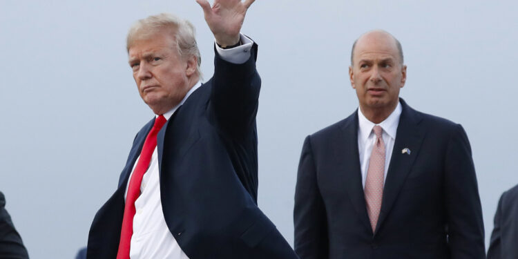 FILE - In this July 10, 2018, file photo, President Donald Trump is joined by Gordon Sondland, the U.S. ambassador to the European Union, second from right, as he arrives at Melsbroek Air Base, in Brussels, Belgium. Sondland, wrapped up in a congressional impeachment inquiry, was a late convert to Trump, initially supporting another candidate in the Republican primary and once refusing to participate in a fundraiser on his behalf.   (AP Photo/Pablo Martinez Monsivais, File)