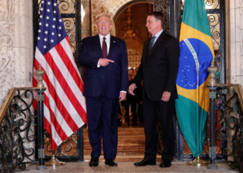 U.S. President Donald Trump hosts a photo-op with Brazilian President Jair Bolsonaro before attending a working dinner at the Mar-a-Lago resort in Palm Beach, Florida, U.S., March 7, 2020. REUTERS/Tom Brenner