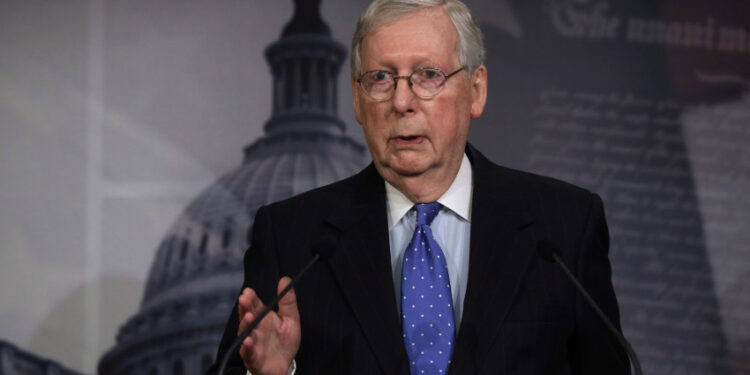 WASHINGTON, DC - MARCH 17:  U.S. Senate Majority Leader Sen. Mitch McConnell (R-KY) speaks to members of the media during a news conference at the U.S. Capitol March 17, 2020 in Washington, DC. Sen. McConnell said the Senate will pass the House coronavirus funding package in response to the outbreak of COVID-19.  (Photo by Alex Wong/Getty Images)