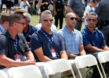 COOPERSTOWN, NEW YORK - JULY 21: Former New York Yankees (from left) Tino Martinez, Andy Pettitte, Derek Jeter and Jorge Posada attend the Baseball Hall of Fame induction ceremony at Clark Sports Center on July 21, 2019 in Cooperstown, New York.   Jim McIsaac/Getty Images/AFP