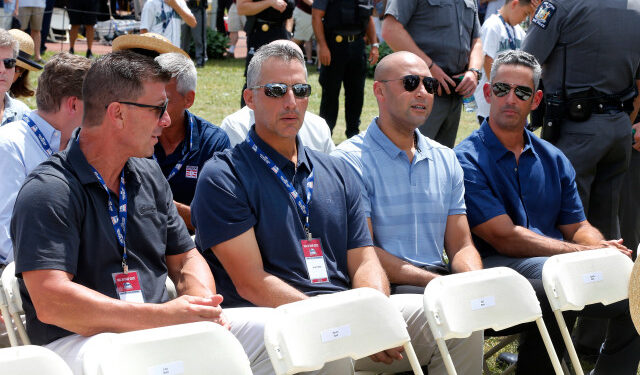 COOPERSTOWN, NEW YORK - JULY 21: Former New York Yankees (from left) Tino Martinez, Andy Pettitte, Derek Jeter and Jorge Posada attend the Baseball Hall of Fame induction ceremony at Clark Sports Center on July 21, 2019 in Cooperstown, New York.   Jim McIsaac/Getty Images/AFP
