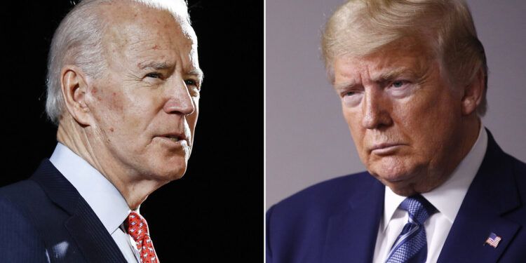 FILE - In this combination of file photos, former Vice President Joe Biden speaks in Wilmington, Del., on March 12, 2020, left, and President Donald Trump speaks at the White House in Washington on April 5, 2020. Barring unforeseen disaster, Biden will represent the Democratic Party against Trump this fall, the former vice president's place on the general election ballot cemented Wednesday, April 8, by Bernie Sanders' decision to end his campaign. (AP Photo)