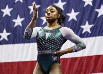Aug 9, 2019; Kansas City, MO, USA; Simone Biles during the 2019 U.S. Gymnastics Championships at Sprint Center. Mandatory Credit: Jay Biggerstaff-USA TODAY Sports
