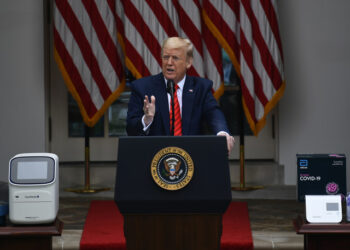 US President Donald Trump speaks during a news conference on the novel coronavirus, COVID-19, in the Rose Garden of the White House in Washington, DC on May 11, 2020. (Photo by Brendan Smialowski / AFP)