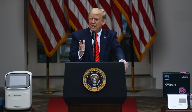 US President Donald Trump speaks during a news conference on the novel coronavirus, COVID-19, in the Rose Garden of the White House in Washington, DC on May 11, 2020. (Photo by Brendan Smialowski / AFP)