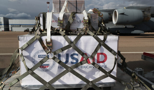 A shipment containing medical aid from the United States, including 50 ventilators, is carried after being unloaded from a U.S. Air Force C-17 Globemaster transport plane at Vnukovo International Airport amid the coronavirus disease (COVID-19) outbreak in Moscow, May 21, 2020. (Photo by EVGENIA NOVOZHENINA / POOL / AFP)