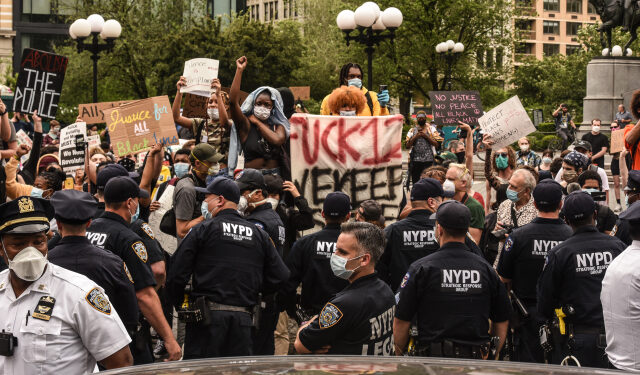 NEW YORK, NY - MAY 28: Protesters clash with police during a rally against the death of Minneapolis, Minnesota man George Floyd at the hands of police on May 28, 2020 in Union Square in New York City. Floyd's death was captured in video that went viral of the incident. Minnesota Gov. Tim Walz called in the National Guard today as looting broke out in St. Paul.   Stephanie Keith/Getty Images/AFP
