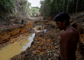 Foto de archivo de un indígena yanomami junto a agentes ambientales de Brasil durante una operación contra la minería ilegal en el Amazonas. 
Abril 17, 2016. REUTERS/Bruno Kelly