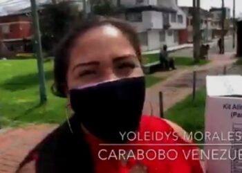 Yoleidys Morales, migrante venezolana en Colombia, Bogotá. Foto captura de video Embajada de Venezuela en Colombia.