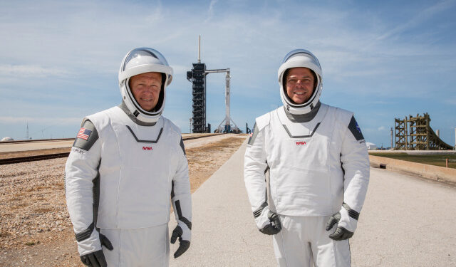 NASA astronauts Douglas Hurley (L) and Robert Behnken pose while participating in a dress rehearsal for launch at the agency’s Kennedy Space Center ahead of NASA’s SpaceX Demo-2 mission to the International Space Station in Cape Canaveral, Florida, U.S. May 23, 2020. Picture taken May 23, 2020. NASA/Kim Shiflett/Handout via REUTERS.  THIS IMAGE HAS BEEN SUPPLIED BY A THIRD PARTY.