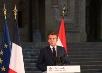 French President Emmanuel Macron delivers his speech during a news conference, following Tuesday's blast in Beirut's port area, in Beirut, Lebanon August 6, 2020. Thibault Camus/Pool via REUTERS