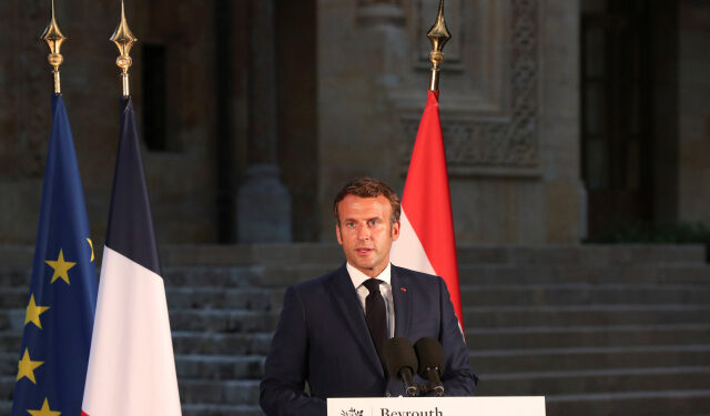 French President Emmanuel Macron delivers his speech during a news conference, following Tuesday's blast in Beirut's port area, in Beirut, Lebanon August 6, 2020. Thibault Camus/Pool via REUTERS