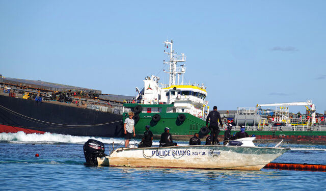 A general view shows the rescue mission at the bulk carrier ship MV Wakashio, belonging to a Japanese company but Panamanian-flagged, ran aground on a reef, at the Riviere des Creoles, Mauritius August 12, 2020. REUTERS/Reuben Pillay  NO RESALES. NO ARCHIVES