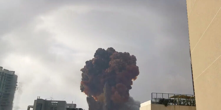 Smoke rises after an explosion in Beirut, Lebanon August 4, 2020, in this picture obtained from a social media video. Karim Sokhn/Instagram/Ksokhn + Thebikekitchenbeirut/via REUTERS THIS IMAGE HAS BEEN SUPPLIED BY A THIRD PARTY. MANDATORY CREDIT. NO RESALES. NO ARCHIVES.