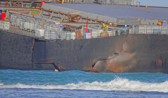 A section of the bulk carrier ship MV Wakashio, belonging to a Japanese company but Panamanian-flagged, ran aground on a reef, is pictured at the Riviere des Creoles, August 13, 2020. REUTERS/Reuben Pillay NO RESALES. NO ARCHIVES     TPX IMAGES OF THE DAY