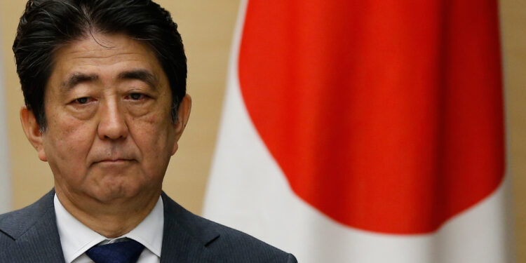 Japanese Prime Minister Shinzo Abe attends a joint press conference with Jordanian Prime Minister Hani al-Mulki (not pictured) at Abe's official residence in Tokyo on July 14, 2017.   / AFP PHOTO / POOL / Laurent FIEVET AND ISSEI KATO        (Photo credit should read LAURENT FIEVET,ISSEI KATO/AFP/Getty Images)
