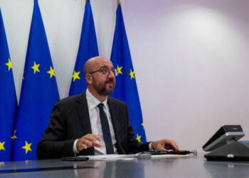 European Council President Charles Michel attends a video conference with German Chancellor Angela Merkel and Turkish President Tayyip Erdogan, at the European Council Headquarters in Brussels, Belgium September 22, 2020. Aris Oikonomou/Pool via REUTERS