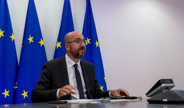 European Council President Charles Michel attends a video conference with German Chancellor Angela Merkel and Turkish President Tayyip Erdogan, at the European Council Headquarters in Brussels, Belgium September 22, 2020. Aris Oikonomou/Pool via REUTERS