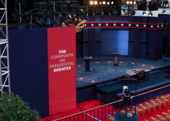 FILE PHOTO: The stage awaits the first presidential debate between U.S. President Donald Trump and Democratic U.S. presidential nominee and former Vice President Joe Biden on the campus of the Cleveland Clinic in Cleveland, Ohio, U.S. September 28, 2020.  REUTERS/Jonathan Ernst/File Photo