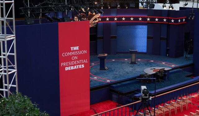 FILE PHOTO: The stage awaits the first presidential debate between U.S. President Donald Trump and Democratic U.S. presidential nominee and former Vice President Joe Biden on the campus of the Cleveland Clinic in Cleveland, Ohio, U.S. September 28, 2020.  REUTERS/Jonathan Ernst/File Photo