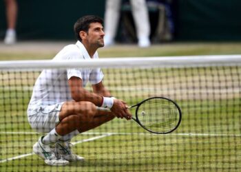 Novak Djokovic after beating Roger Federer in the mens singles final on day thirteen of the Wimbledon Championships at the All England Lawn Tennis and Croquet Club, Wimbledon.