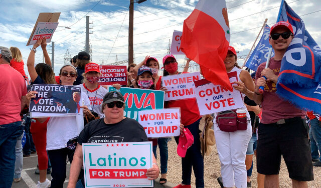Supporters of President Trump hold up banners and flags during a protest in Phoenix, Arizona, USA, 06 November 2020. Hundreds of supporters of the president of the United States, Donald Trump, gathered this Friday in Phoenix, Arizona, one of the key states where the counting still continues, to protest what they consider a 'corrupt' process that has favored the Democratic presidential candidate, Joe Biden. EFE / Alex Segura