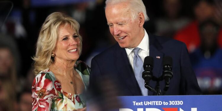 Democratic presidential candidate former Vice President Joe Biden, accompanied by his wife Jill Biden, speaks at a primary night election rally in Columbia, S.C., Saturday, Feb. 29, 2020.  (AP Photo/Gerald Herbert)